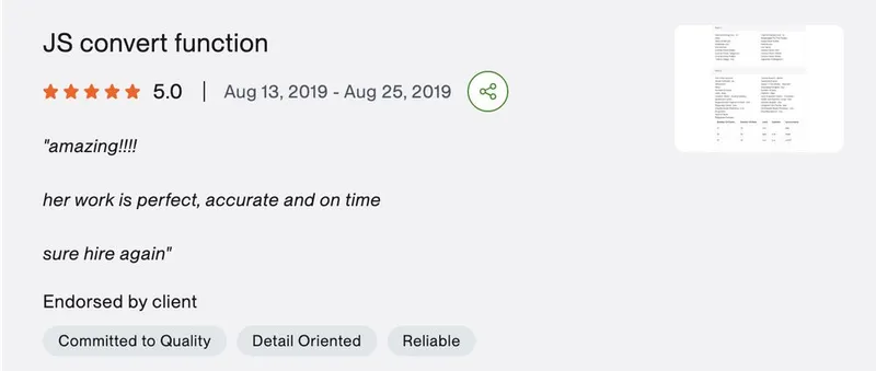 Upwork feedback: JS convert function · 2019