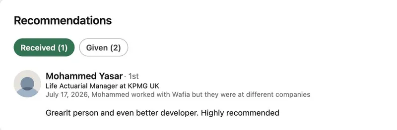 Upwork feedback: Life Actuarial Manager at KPMG UK · LinkedIn recommendation