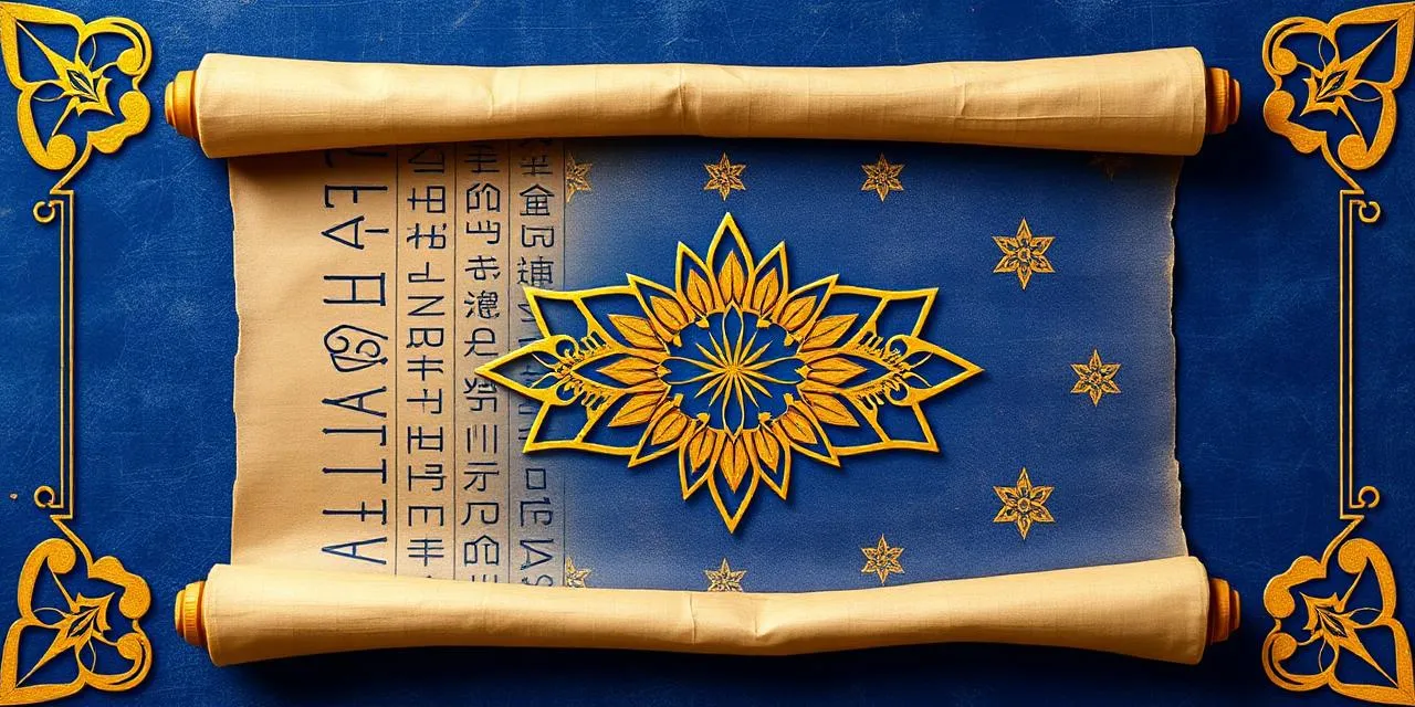 Ancient Egyptian papyrus scroll unfurled with hieroglyphs and an Islamic geometric star medallion
